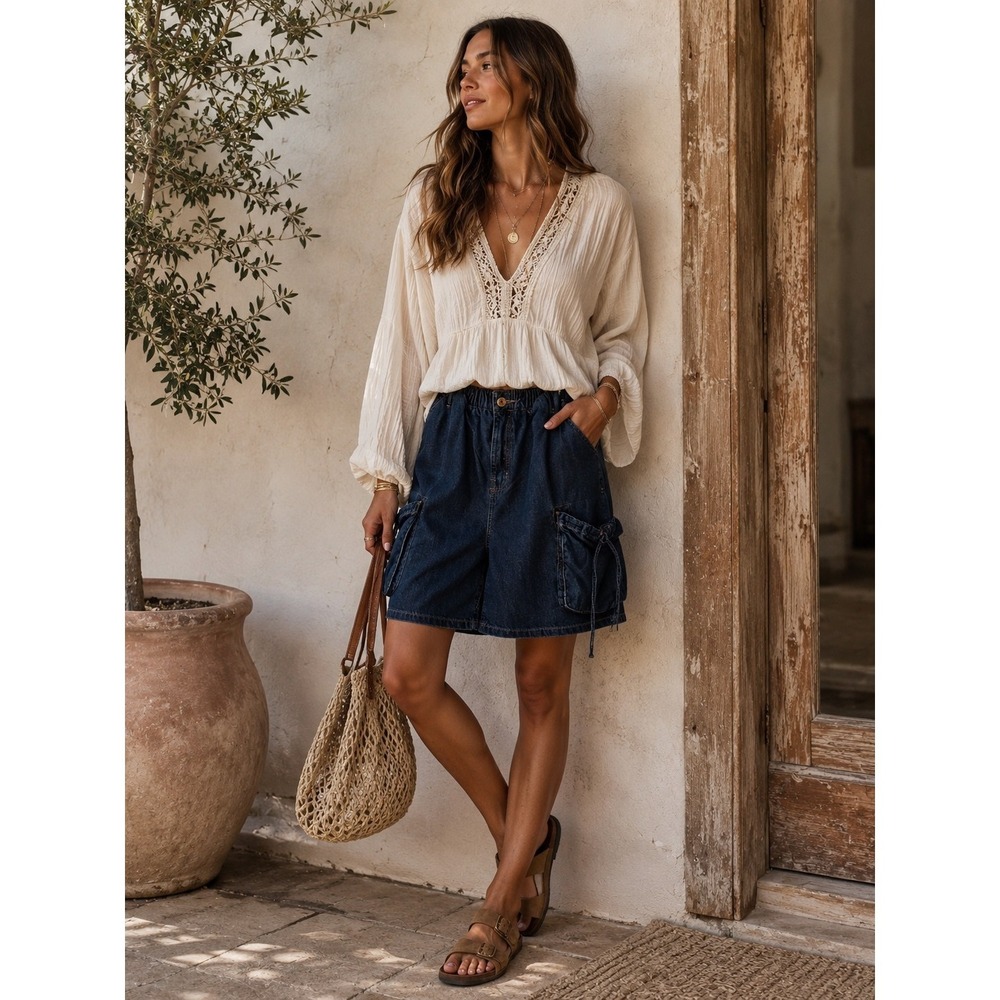 Free People Dark Blue Denim Cargo Jean Shorts